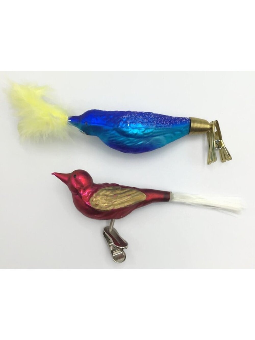 Glass Bird Christmas Ornaments Set of 2 Clip On Blue Red Gold Vintage